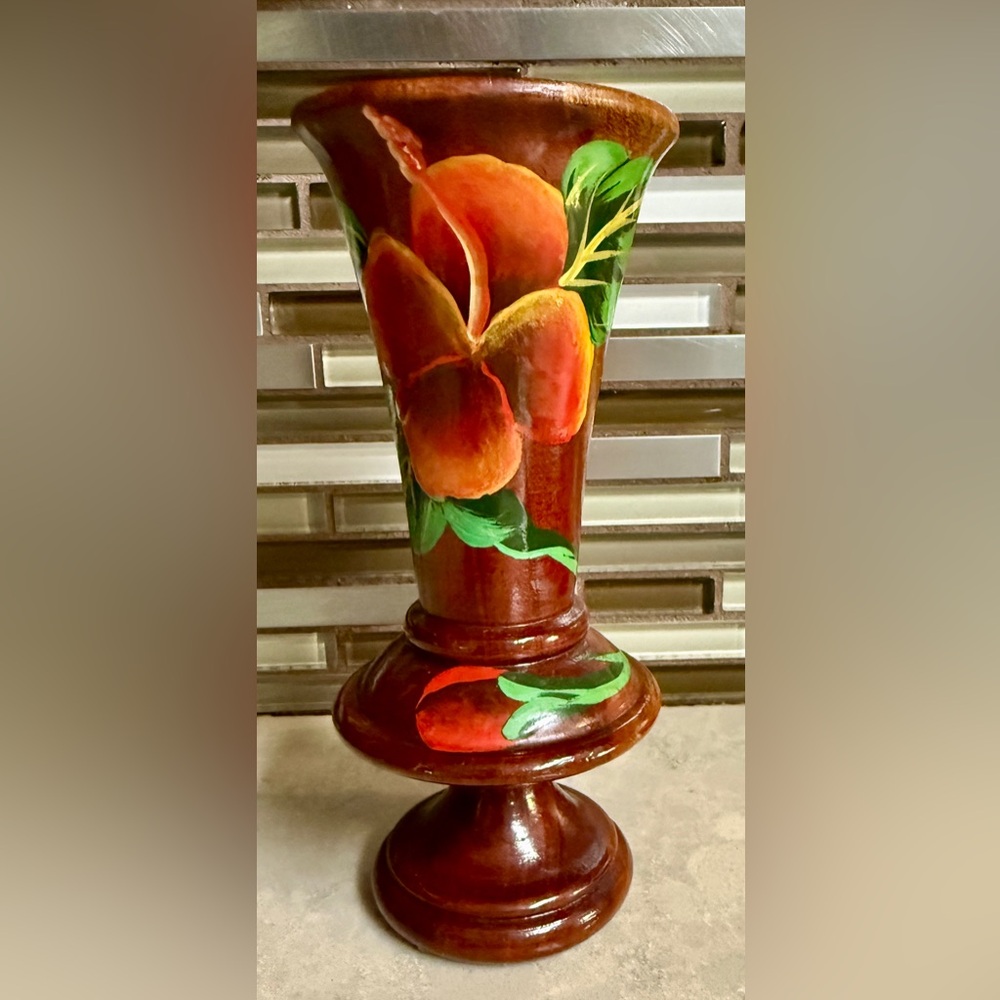 Vintage Hand Carved  Wood Vase - Rare One-of-a-Kind. Hibiscus Flower  8” Great